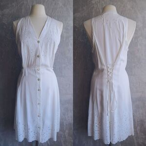 SERENDIPITY MAUI White Knee Length Dress Size S Floral Lace Corset Lace Up Back